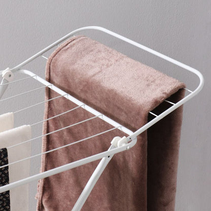 White folding clothes drying rack with double-wing sides and horizontal bars