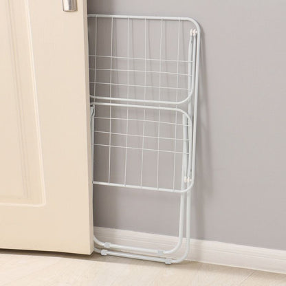 White folding clothes drying rack with double-wing sides and horizontal bars