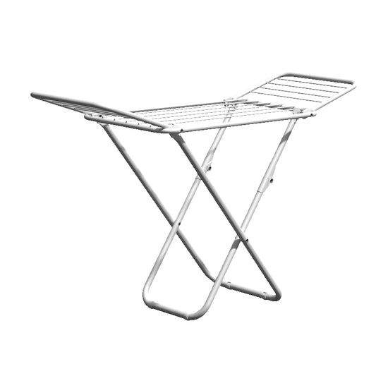 White folding drying rack with multiple horizontal bars and triangle frame