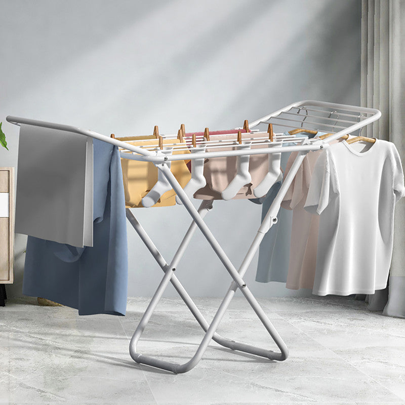 White folding drying rack with multiple horizontal bars and triangle frame