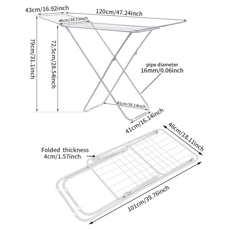 White folding drying rack with multiple horizontal bars and triangle frame