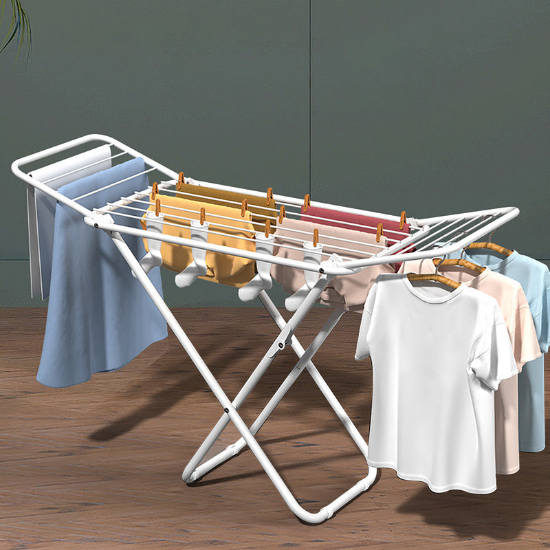 White folding drying rack with multiple horizontal bars and triangle frame
