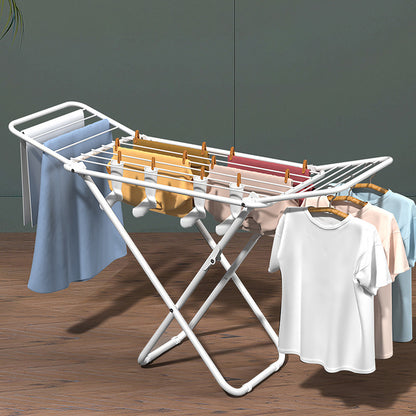 White folding drying rack with multiple horizontal bars and triangle frame
