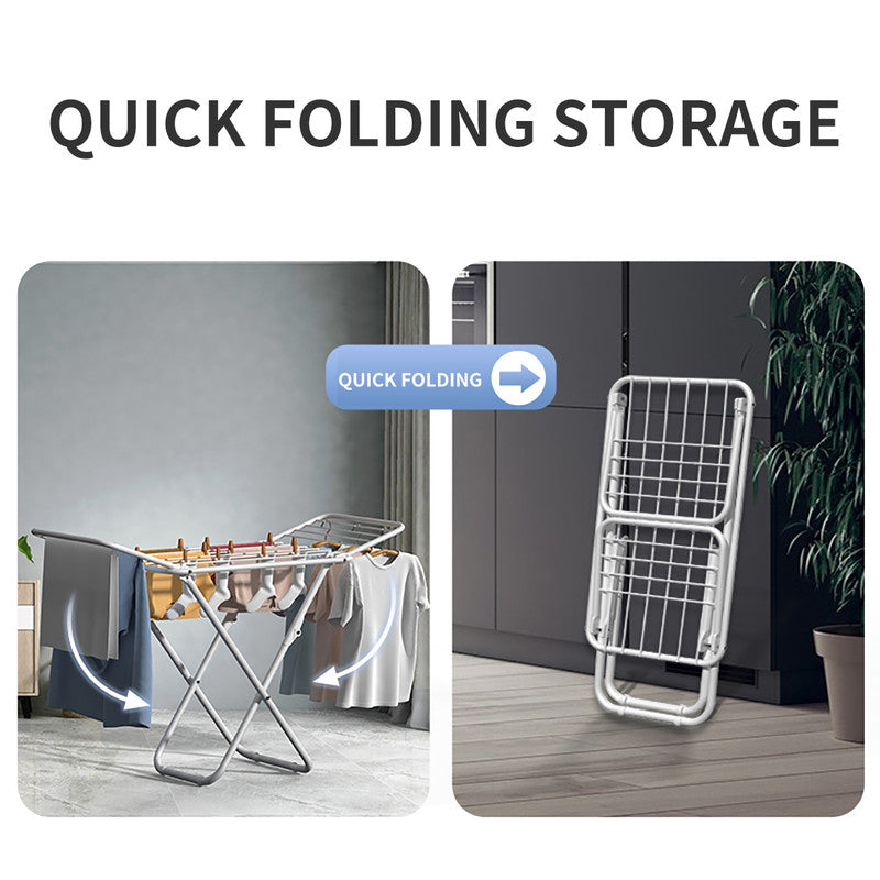 White folding drying rack with multiple horizontal bars and triangle frame