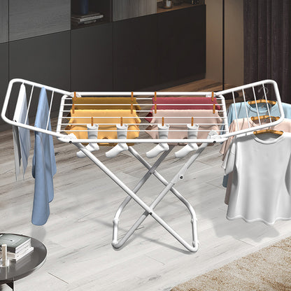 White folding drying rack with multiple horizontal bars and triangle frame