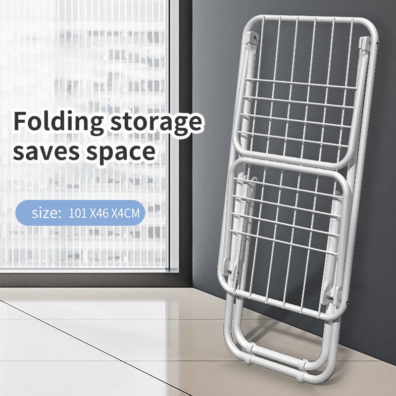 White folding drying rack with multiple horizontal bars and triangle frame