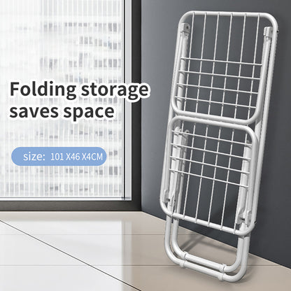 White folding drying rack with multiple horizontal bars and triangle frame