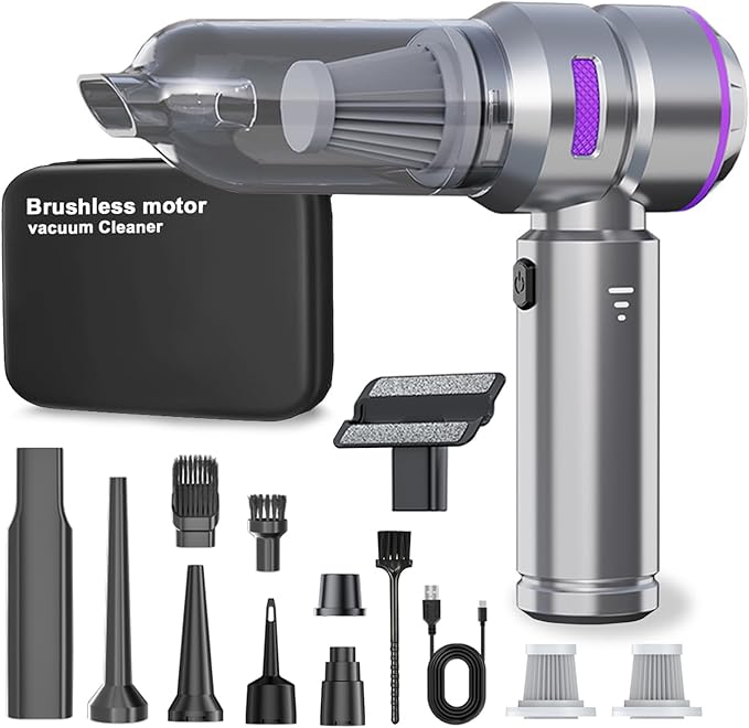 Purple rechargeable handheld vacuum cleaner with accessories and zipper case