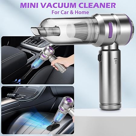 Purple rechargeable handheld vacuum cleaner with accessories and zipper case