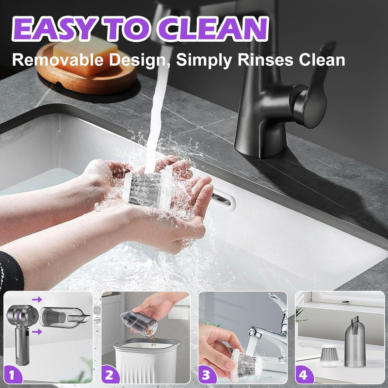 Purple rechargeable handheld vacuum cleaner with accessories and zipper case