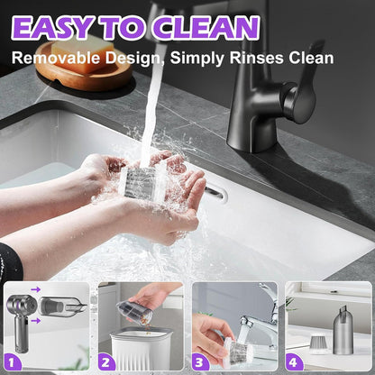 Purple rechargeable handheld vacuum cleaner with accessories and zipper case