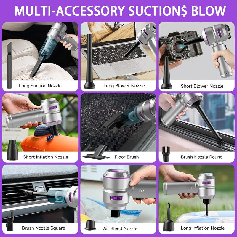 Purple rechargeable handheld vacuum cleaner with accessories and zipper case