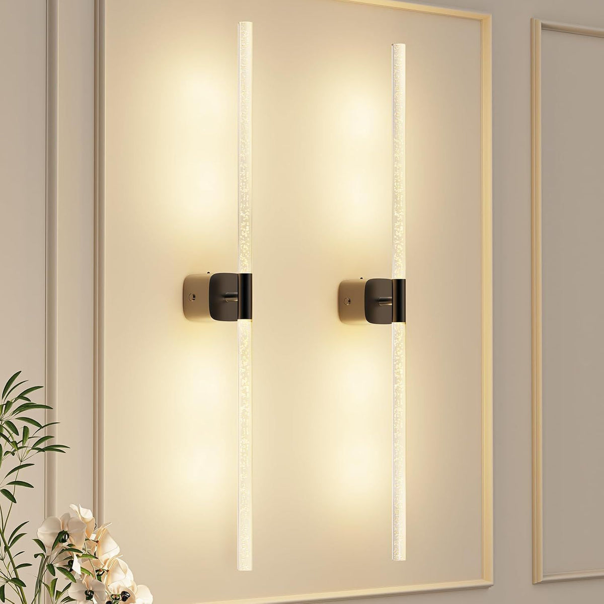 Black rechargeable wall sconce with crystal cylinder and wall mount