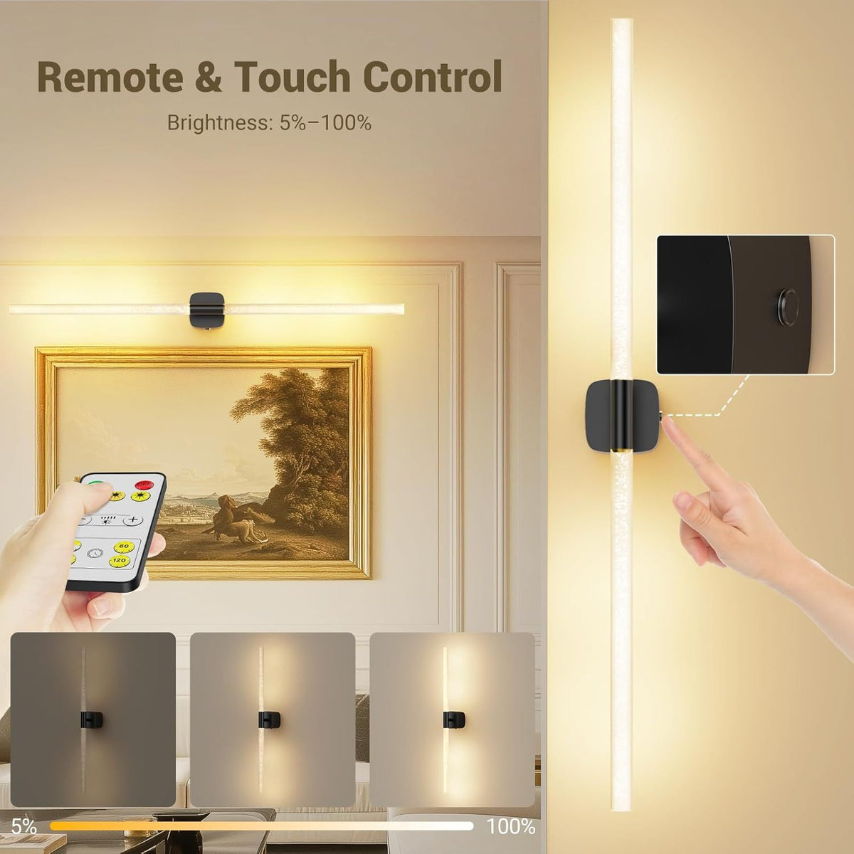 Black rechargeable wall sconce with crystal cylinder and wall mount