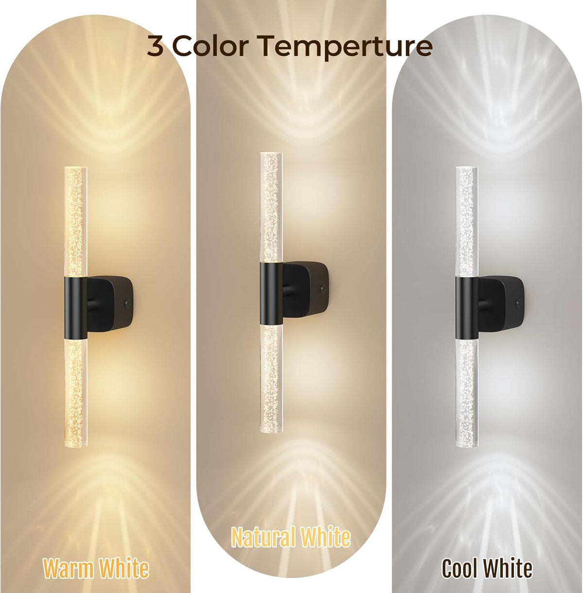 Pair of gold and crystal battery wall sconces lit on a bedroom wall