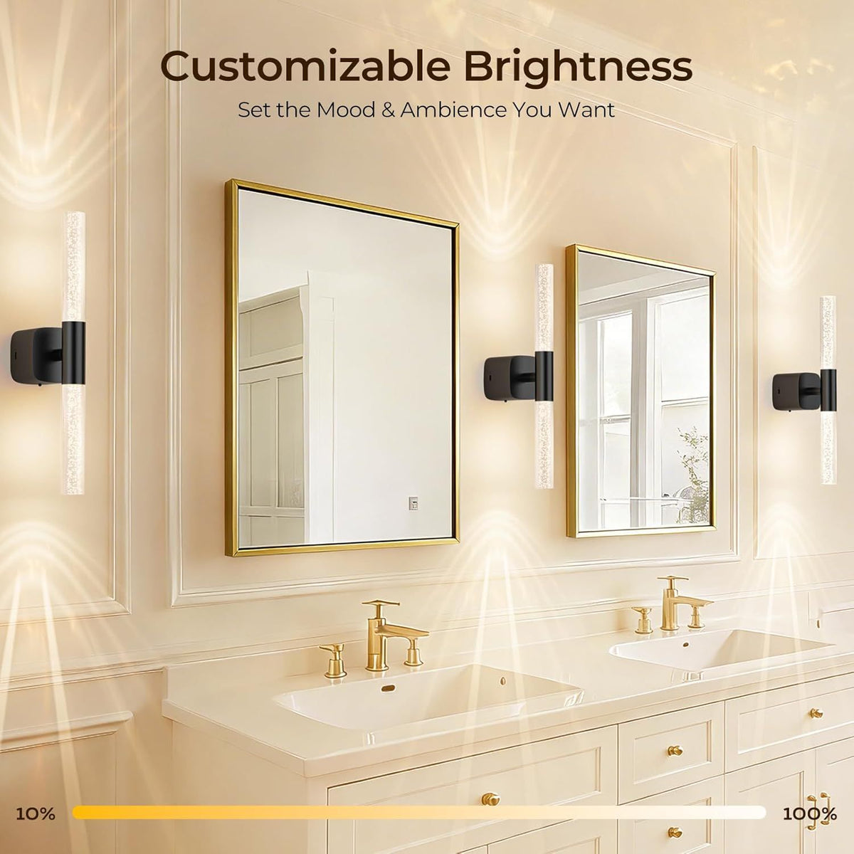 Pair of gold and crystal battery wall sconces lit on a bedroom wall