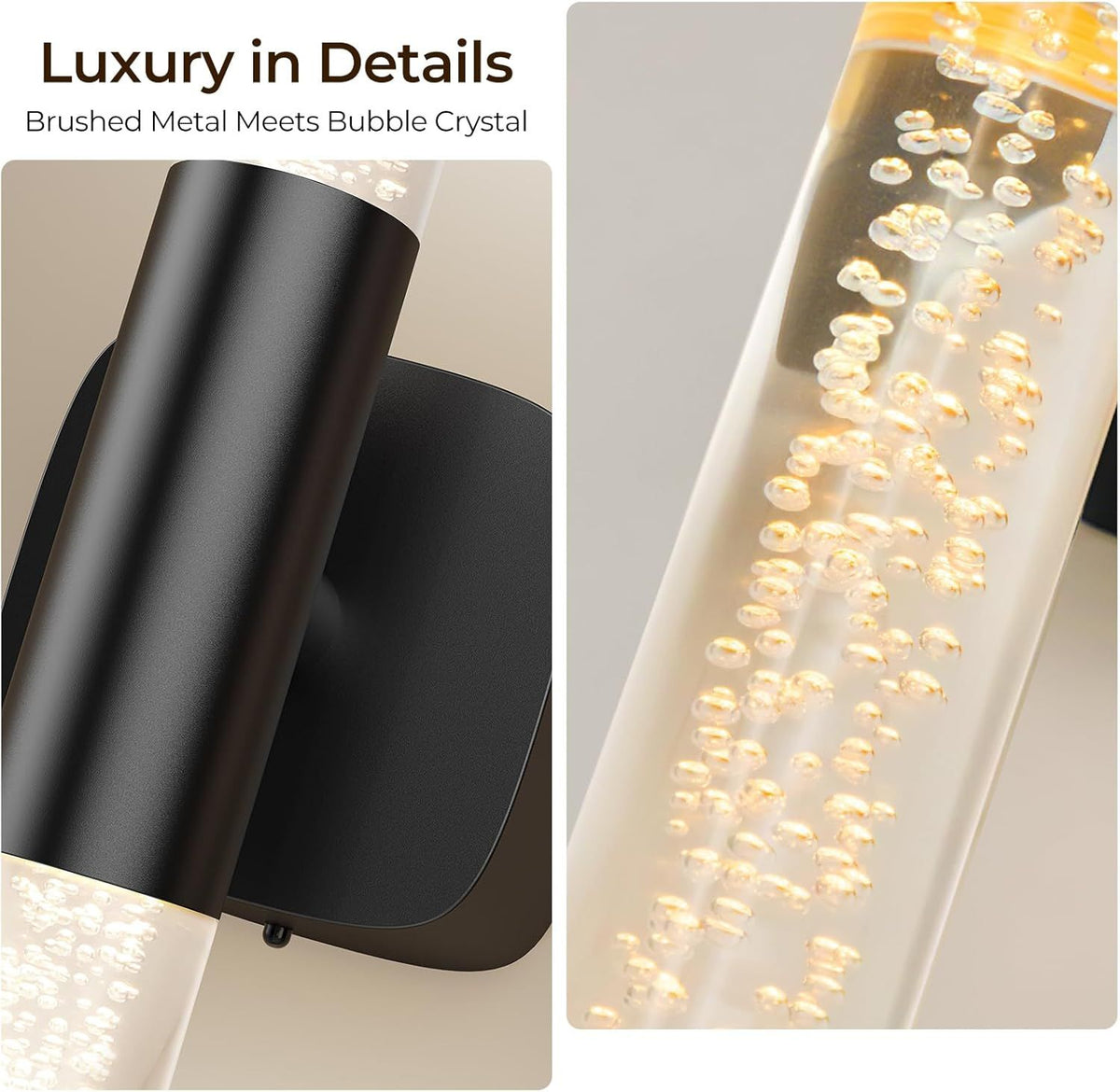 Pair of gold and crystal battery wall sconces lit on a bedroom wall