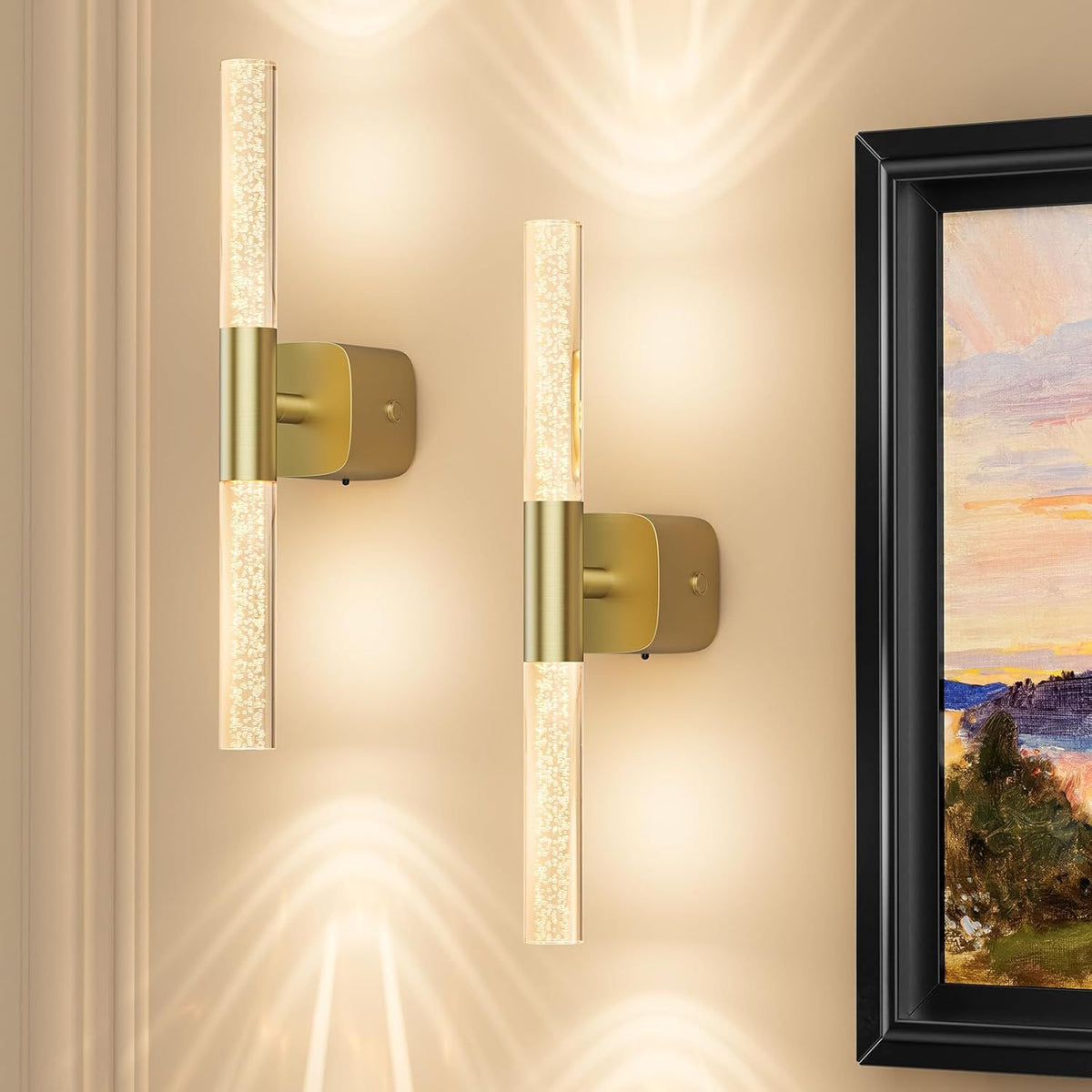 Brushed gold rechargeable wall sconce set of 2 with crystal detail
