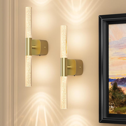 Brushed gold rechargeable wall sconce set of 2 with crystal detail