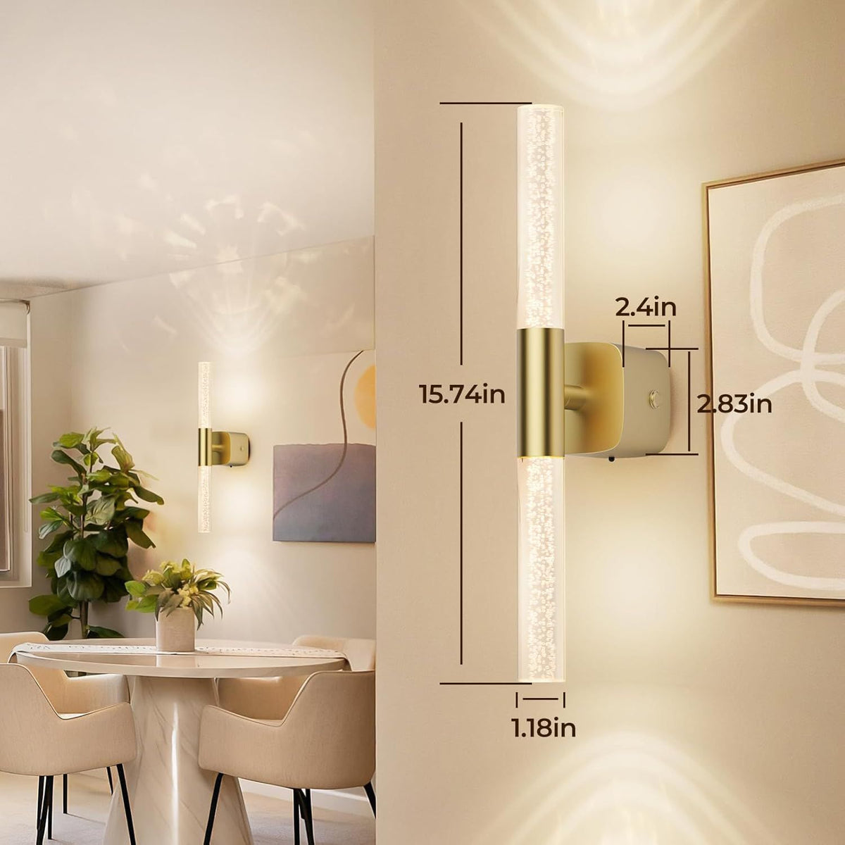 Brushed gold rechargeable wall sconce set of 2 with crystal detail