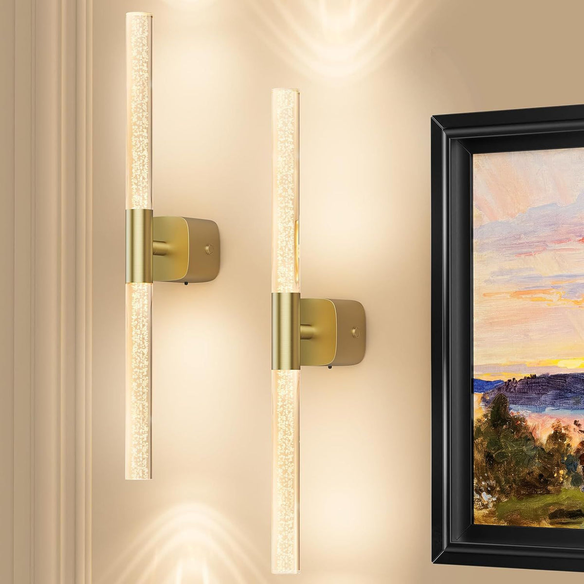 Set of two brushed gold rechargeable wall sconces with crystal acrylic detail