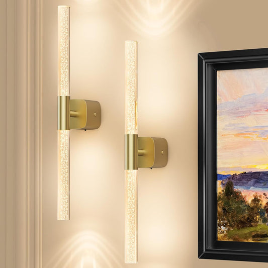 Set of two brushed gold rechargeable wall sconces with crystal acrylic detail