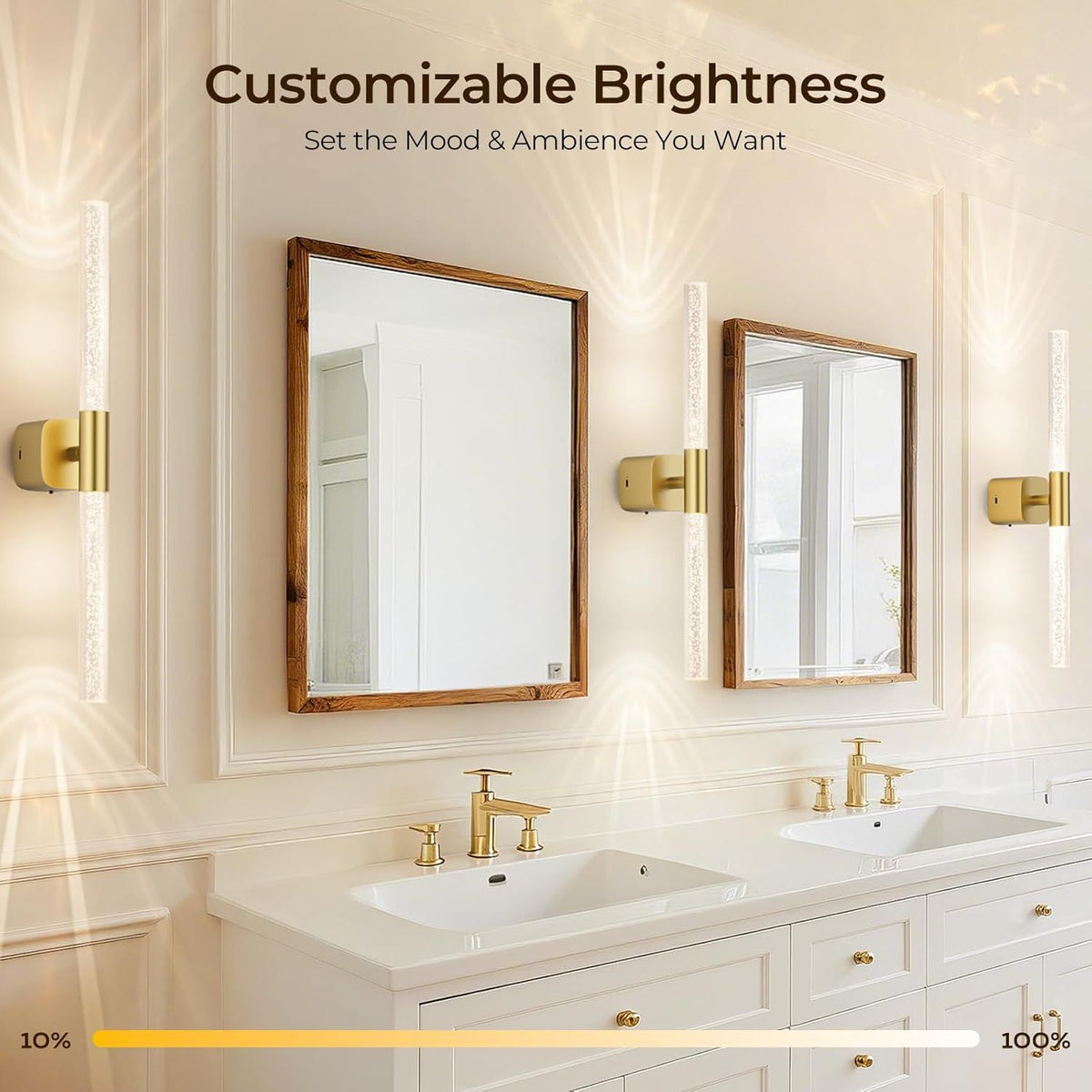Set of two brushed gold rechargeable wall sconces with crystal acrylic detail