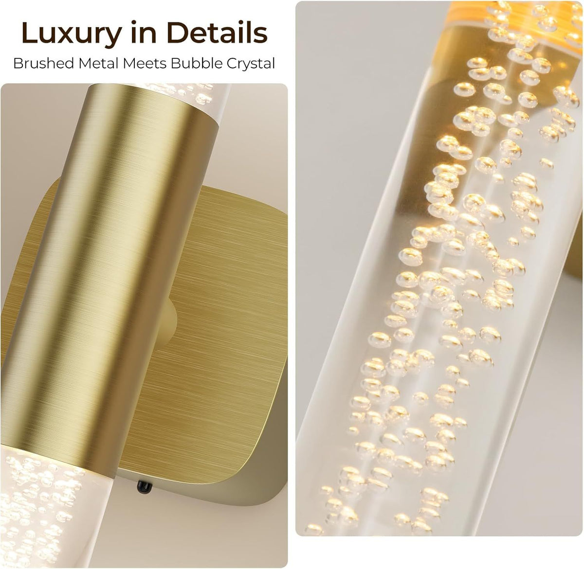 Set of two brushed gold rechargeable wall sconces with crystal acrylic detail