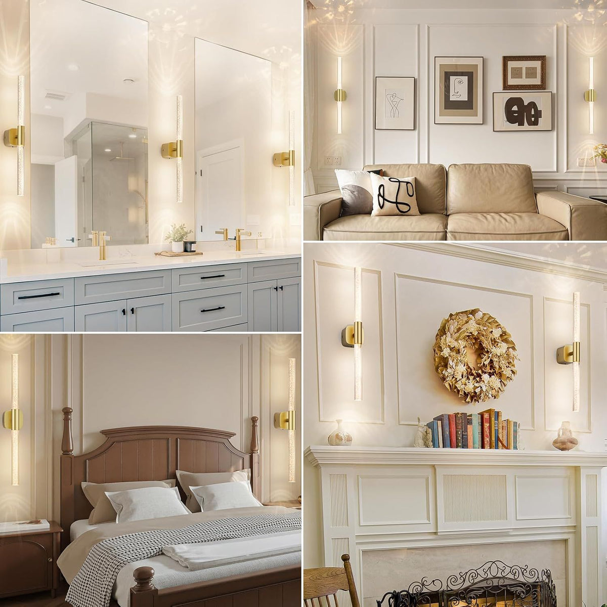 Set of two brushed gold rechargeable wall sconces with crystal acrylic detail
