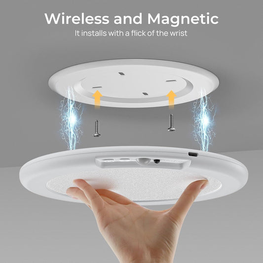 Round battery powered motion sensor ceiling light mounted in a pantry