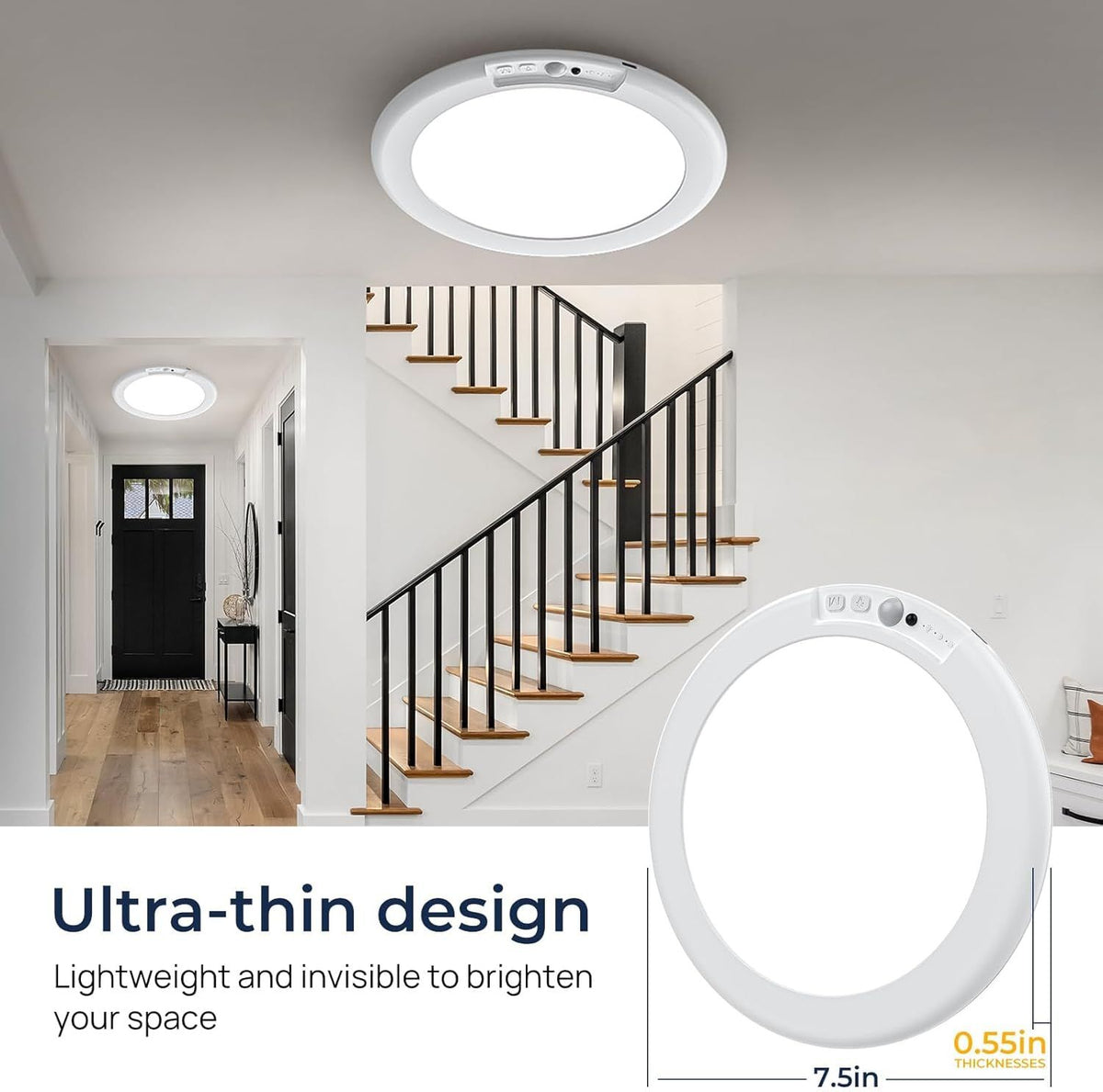 Round battery powered motion sensor ceiling light mounted in a pantry