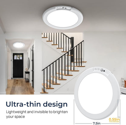 Round battery powered motion sensor ceiling light mounted in a pantry