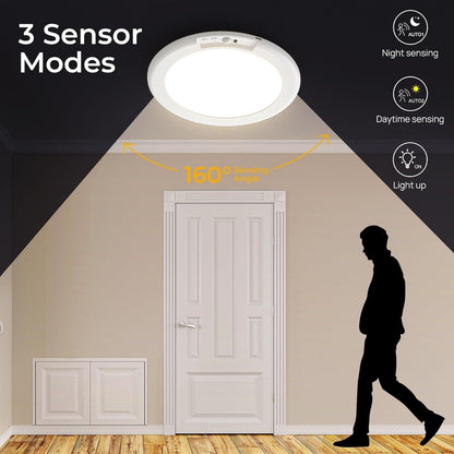 Round battery powered motion sensor ceiling light mounted in a pantry