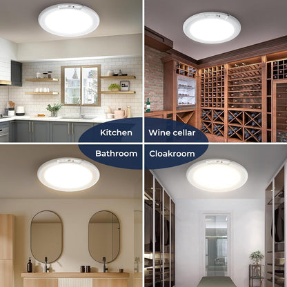 Round battery powered motion sensor ceiling light mounted in a pantry