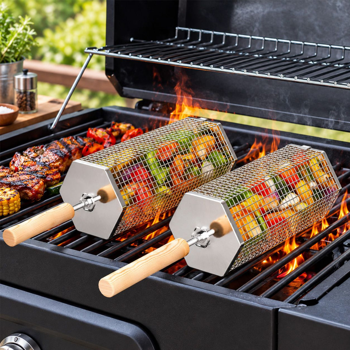 Two stainless steel rolling grill baskets with a removable wooden handle