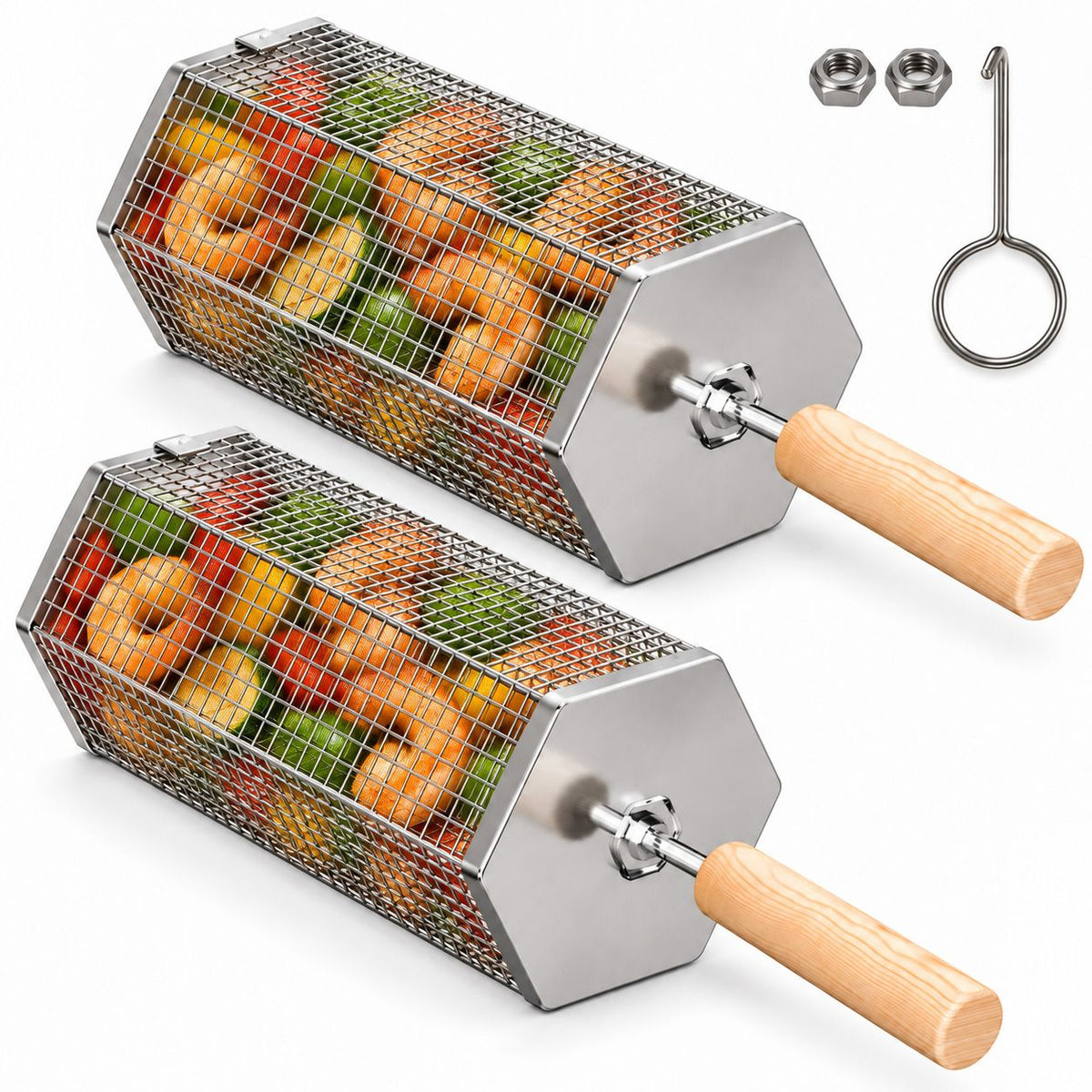 Two stainless steel rolling grill baskets with a removable wooden handle