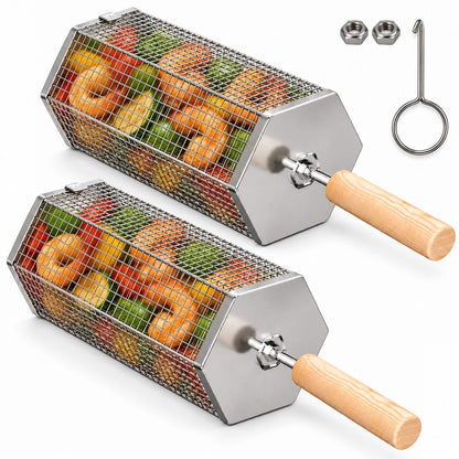 Two stainless steel rolling grill baskets with a removable wooden handle