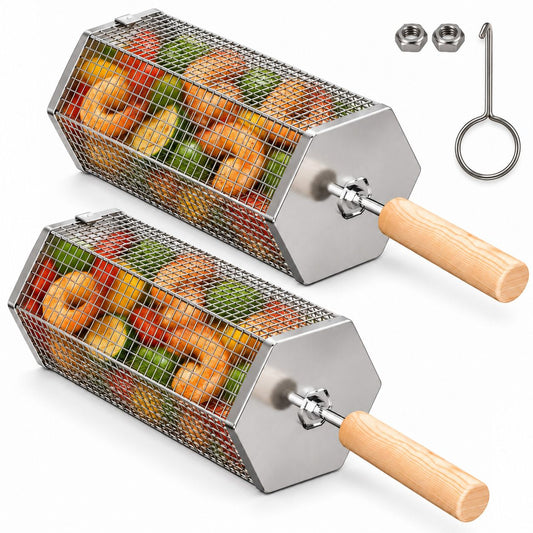 Two stainless steel rolling grill baskets with a removable wooden handle
