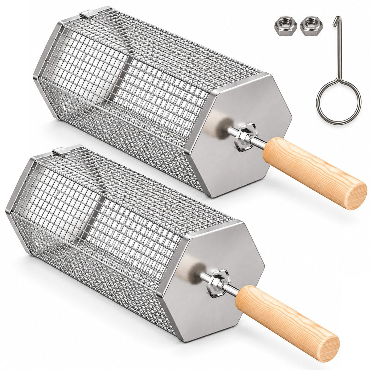 Two stainless steel rolling grill baskets with a removable wooden handle