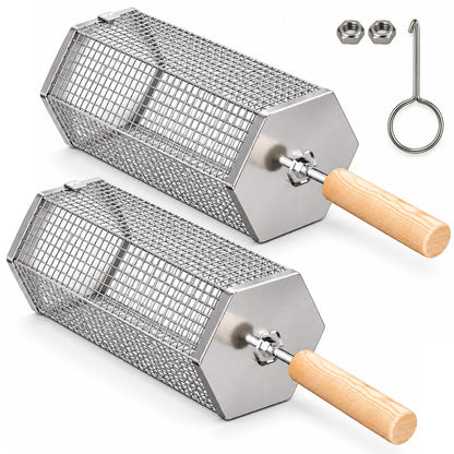 Two stainless steel rolling grill baskets with a removable wooden handle