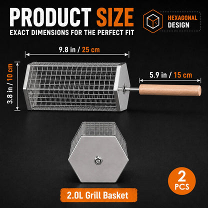 Two stainless steel rolling grill baskets with a removable wooden handle