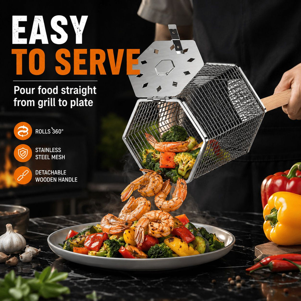 Two stainless steel rolling grill baskets with a removable wooden handle