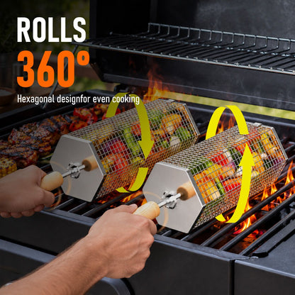 Two stainless steel rolling grill baskets with a removable wooden handle