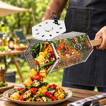 Two stainless steel rolling grill baskets with a removable wooden handle