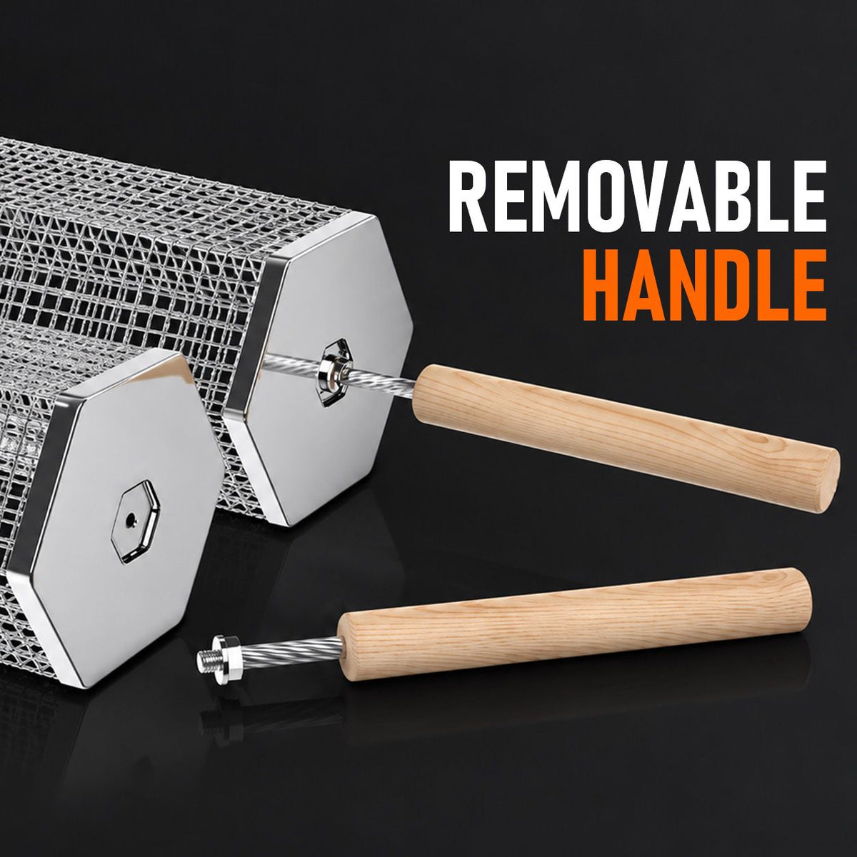 Two stainless steel rolling grill baskets with a removable wooden handle