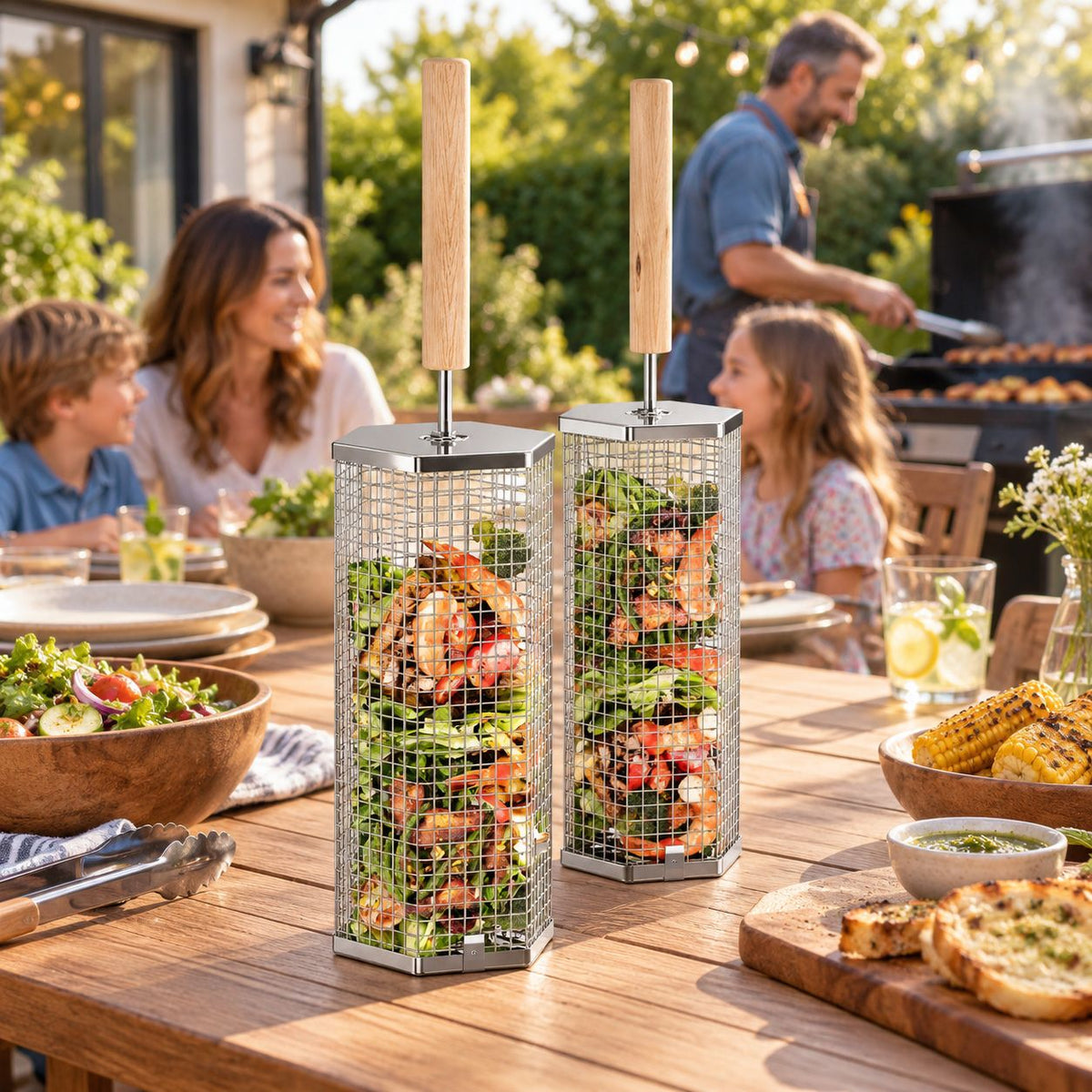 Two stainless steel rolling grill baskets with a removable wooden handle