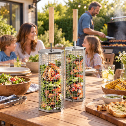 Two stainless steel rolling grill baskets with a removable wooden handle