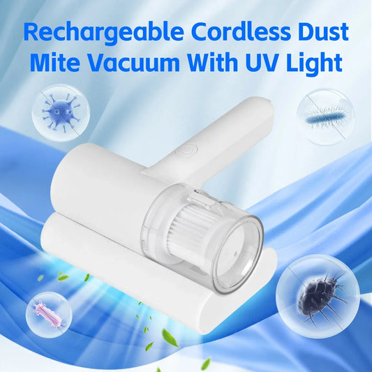 Handheld UV-C cordless dust mite vacuum with one-button control