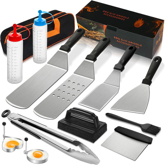 Fourteen piece stainless steel griddle accessory set laid out with carry bag