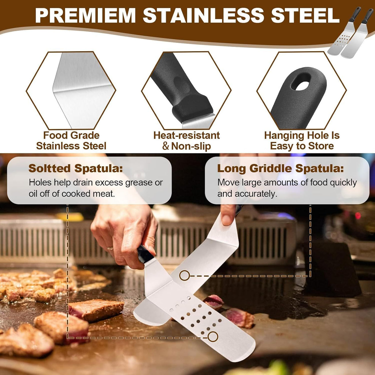 Fourteen piece stainless steel griddle accessory set laid out with carry bag